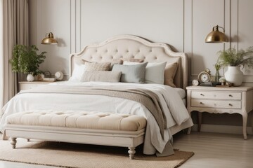 Farmhouse interior home design of bedroom with white bed and vintage nightstand