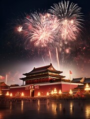 Magnificent Tian 'anmen Square, Gift bag, Fireworks, Fairy light, Stars, Starry Red Sky, Matte painting by Michael James Smith, CG rendering, Volume Light, Space Art with generative ai