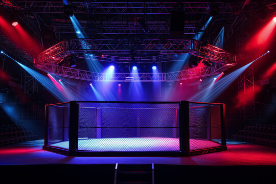 Empty MMA Fighting Cage with Dramatic Lighting in Arena