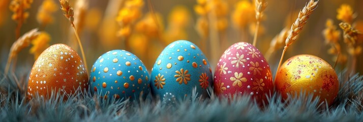 Colorful Handmade Easter Eggs Wheat Ear, Background HD, Illustrations