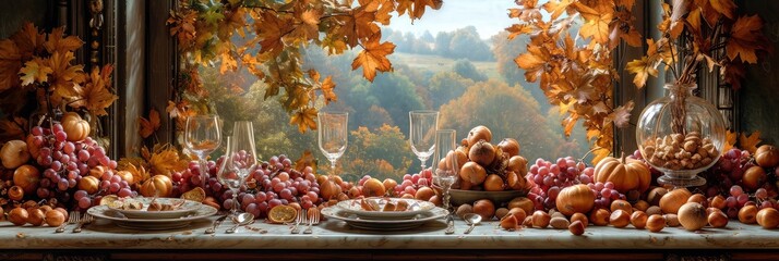 Composition Table Setting Chestnuts Autumn Leaves, Background HD, Illustrations - obrazy, fototapety, plakaty