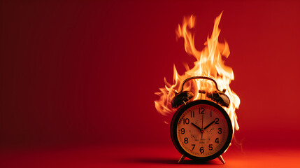 Red alarm clock on fire