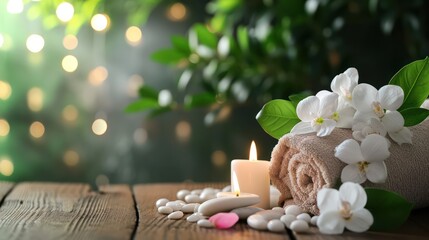 Obraz na płótnie Canvas Concept of a spa beauty treatment background with calming and relaxing elements such as candles, massage stones, and aromatic flowers