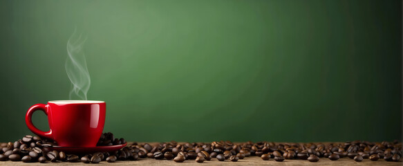 red espresso cup and coffee beans wallpaper, green wide banner caffe concept with copy space