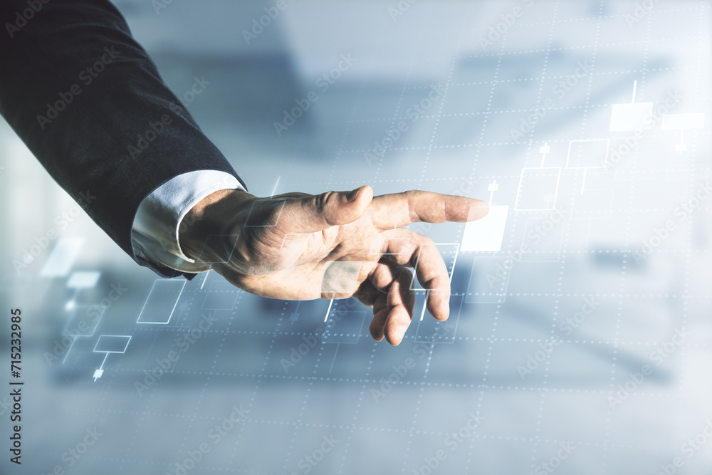 Poster multi exposure of man hand with pen working with abstract virtual financial graph on blurred office 