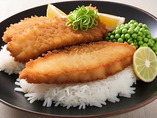 Crispy breaded fish fillets served on white rice, complemented with fresh green peas and garnished with lemon wedges and herbs. Generative AI.