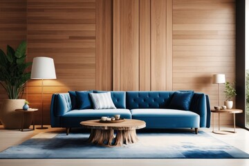 Interior home design of living room with vivid blue velvet sofa and stump table with wooden wall