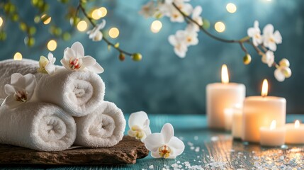 Obraz na płótnie Canvas Concept of a spa beauty treatment background with calming and relaxing elements such as candles, massage stones, and aromatic flowers