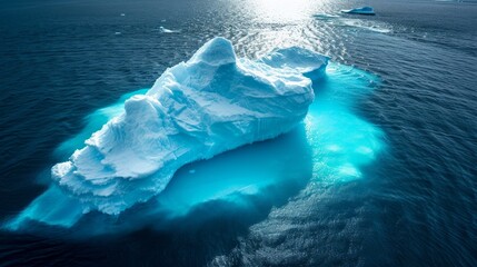 Iceberg in clear blue water and hidden danger under water. Iceberg - Hidden Danger And Global Warming Concept. Floating ice in ocean. Copyspace for text and design.