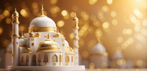 white and golden mosque illustration wide banner with golden bokeh background - obrazy, fototapety, plakaty