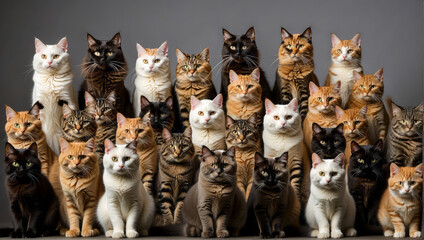 Studio image of large group of cats