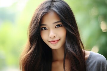 Beautiful Asian girl smiles and stares into the camera with happiness