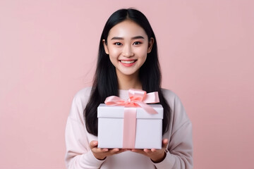 Fototapeta premium A young Asian woman is cheerfully holding a present.