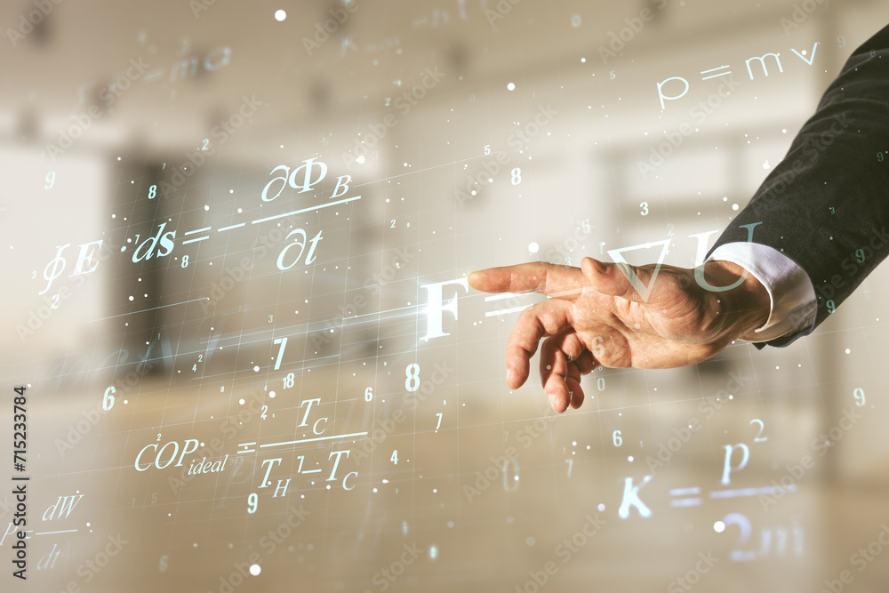 Poster man hand working with abstract scientific formula hologram on blurred office background. multiexposu
