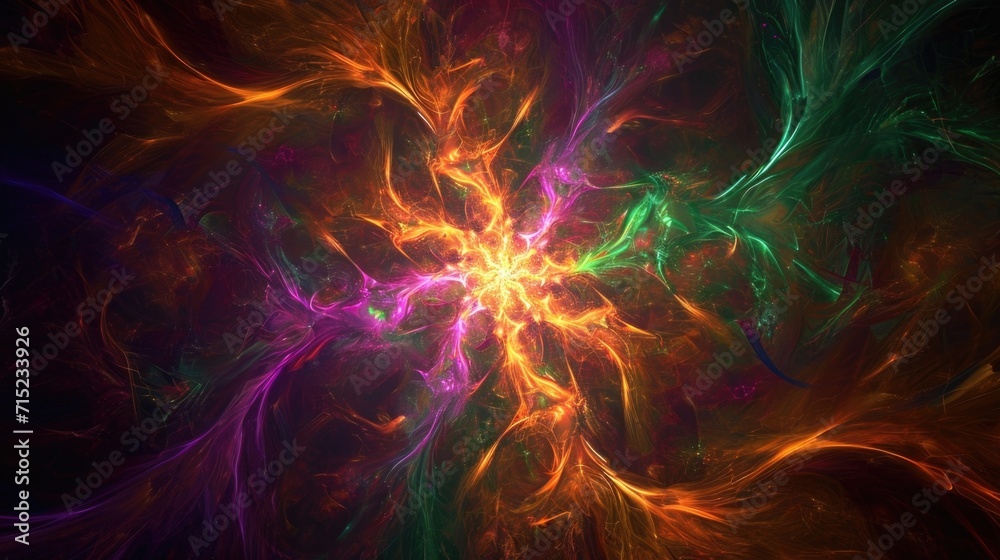 Wall mural A nebula of neon purple and green swirls around a neon orange star creating a mesmerizing effect