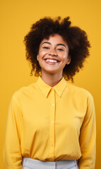 Obraz na płótnie Canvas Photo of pretty adorable wavy lady wear yellow shirt smiling showing white teeth