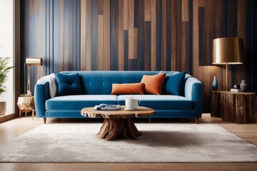 Interior home design of living room with vivid blue velvet sofa and stump table with wooden wall