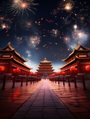 Fototapeta premium Magnificent Tian 'anmen Square, Gift bag, Fireworks, Fairy light, Stars, Starry Red Sky, Matte painting by Michael James Smith, CG rendering, Volume Light, Space Art with generative ai