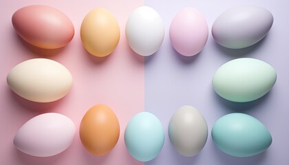 Top view of colorful Easter eggs on soft peach and blue background. Multicolor painted eggs with central space on light surface. Generative AI.