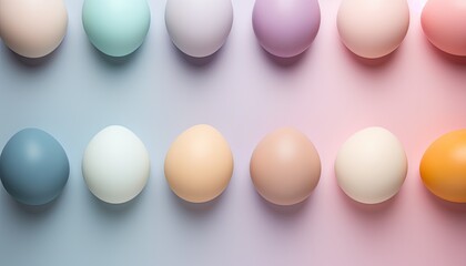 Top view of colorful Easter eggs on soft colors background. Multicolor painted eggs on light surface. Generative AI.