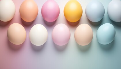 Top view of colorful Easter eggs on soft colors background. Multicolor painted eggs on light surface. Generative AI.