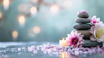 Obraz na płótnie Canvas A soothing spa beauty treatment backdrop featuring calming elements such as candles, massage stones, and aromatic flowers