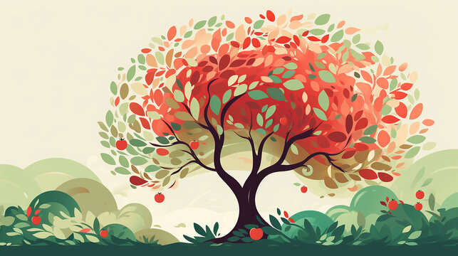 A flat design depicting a single apple tree, rendered in a palette greens and reds whisper of autumn