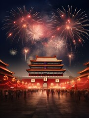 Magnificent Tian 'anmen Square, Gift bag, Fireworks, Fairy light, Stars, Starry Red Sky, Matte painting by Michael James Smith, CG rendering, Volume Light, Space Art with generative ai