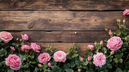 Rustic wood plank with pink roses, ready for banner, copy space or background,