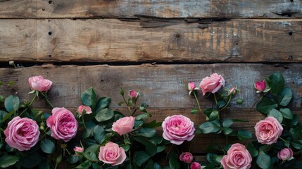 Rustic wood plank with pink roses, ready for banner, copy space or background,