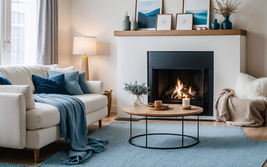 White sofa with pillows, accompanied by fur and woolen blankets, situated near a fireplace in a modern living room with Scandinavian hygge home interior design.