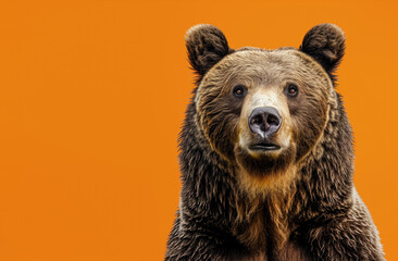 grizzly bear on solid orange background with copy space 