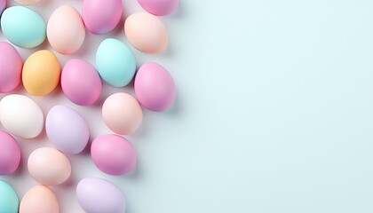 Top view of colorful Easter eggs on soft blue background with copy space for text. Multicolor painted eggs on light surface. Generative AI.