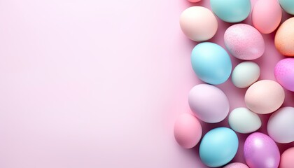 Top view of colorful Easter eggs on soft pink background with copy space for text. Multicolor painted eggs on light surface. Generative AI.