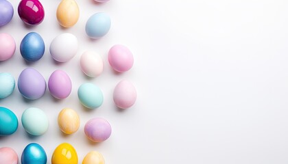 Top view of colorful Easter eggs on white background with copy space for text. Multicolor painted eggs on light surface. Generative AI.