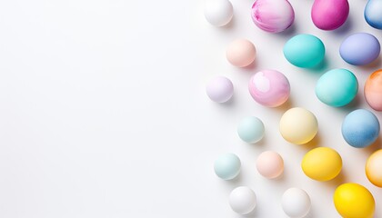 Top view of soft colorful Easter eggs on white background with copy space for text. Multicolor painted eggs on light surface. Generative AI.