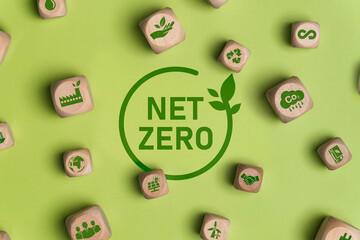 The concept of net zero and carbon neutrality. Net zero text centered and linked on green...