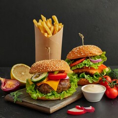 Fast food dish and health food on black stone background. Take away unhealthy set including
