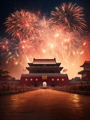 Magnificent Tian 'anmen Square, Gift bag, Fireworks, Fairy light, Stars, Starry Red Sky, Matte painting by Michael James Smith, CG rendering, Volume Light, Space Art with generative ai