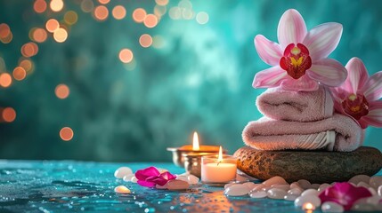 Tranquil spa beauty treatment setting with candles, massage stones, and aromatic flowers, creating a serene and relaxing background - obrazy, fototapety, plakaty