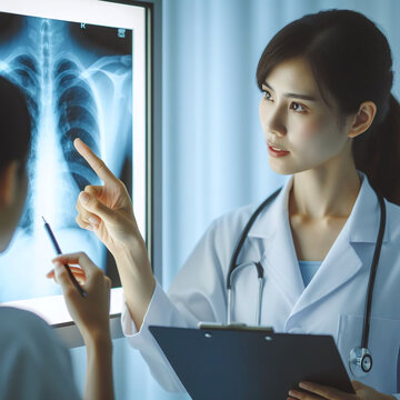 Female doctor looking at x-ray image of lungs in hospital.