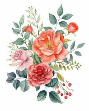 Watercolor floral bouquet ornament isolated on a white background. Colorful clipart, ideal for framing or background use
