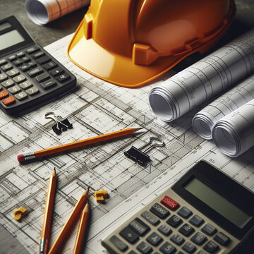 Architectural background with rolls of blueprints, helmet and other tools