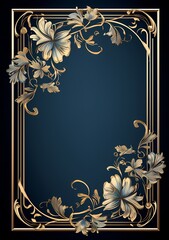 gold floral frame on dark blue background in vintage style