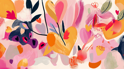 Fototapeta na wymiar abstract fusion of flowers and hearts. Use a blend of organic shapes and vibrant colors to create a lively and romantic atmosphere.