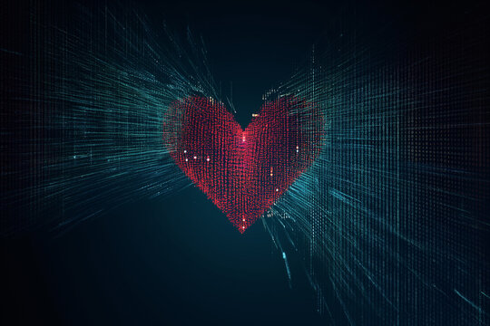 AI communicates love on Valentine's Day.include binary code forming heart shapes, algorithms crafting personalized love messages