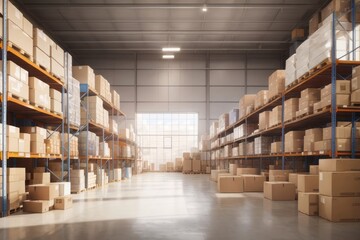 Retail warehouse full of shelves with cardboard boxes and packages, distribution delivery center