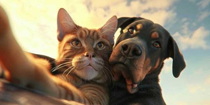 a cat and a dog making a selfie together, generative AI