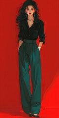 a enchanting asian woman wearing black shirt and trousers, accentuated by the unconventional touch of lipstick. generative AI