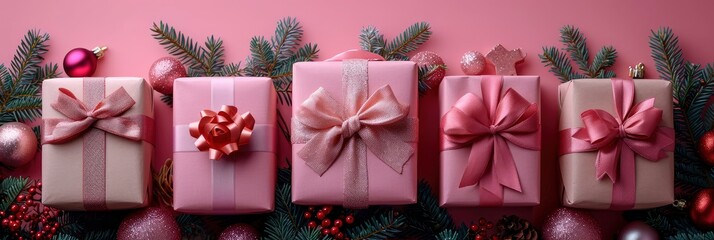 Gift Boxes Christmas Decor On Pink, Background HD, Illustrations